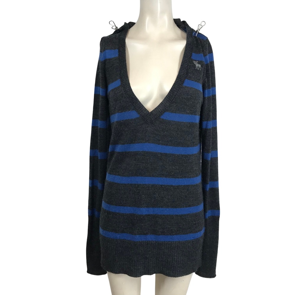 Y2k Abercrombie & Fitch Womens Large 100% Wool Striped V-Neck Sweater Grey Blue